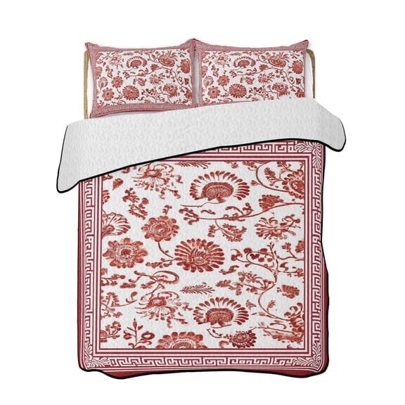 Full Size Quilt Bedding Set, Red Floral Reversible Summer Quilt 3 Pieces, Vintage Flowers Botanical Farmhouse Greek Key Lightweight Bedspreads Coverlets with 2 Pillow Shams for All Seasons