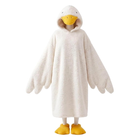 Funny Goose Hoodie Blanket for Adults, Coral Fleece Duck Pajama Onesie with Goose-Foot Slippers
