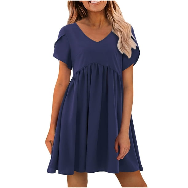 Moda mujer Casual Cruz manga corta Pachwork cuello en V vestido sólido Pompotops ghjkhdj14155