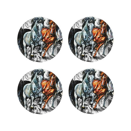 

Fuzoiu Four Running Horses Print Leather Coasters Set Drink Coasters Set of 4 for Tabletop Protection Durable PVC Coasters Home Décor and Housewarming Gift-Round Shape