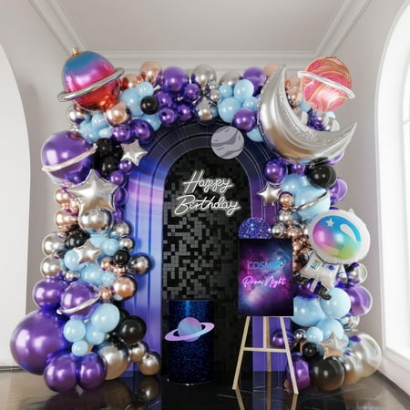 Galaxy Space Balloon PriNst Garland Kit 140pcs purple blue black Outer Space Astronaut Moon & Star Diy 4D planet Balloons for girl two the moon birthday decorations Kids Party Supplies