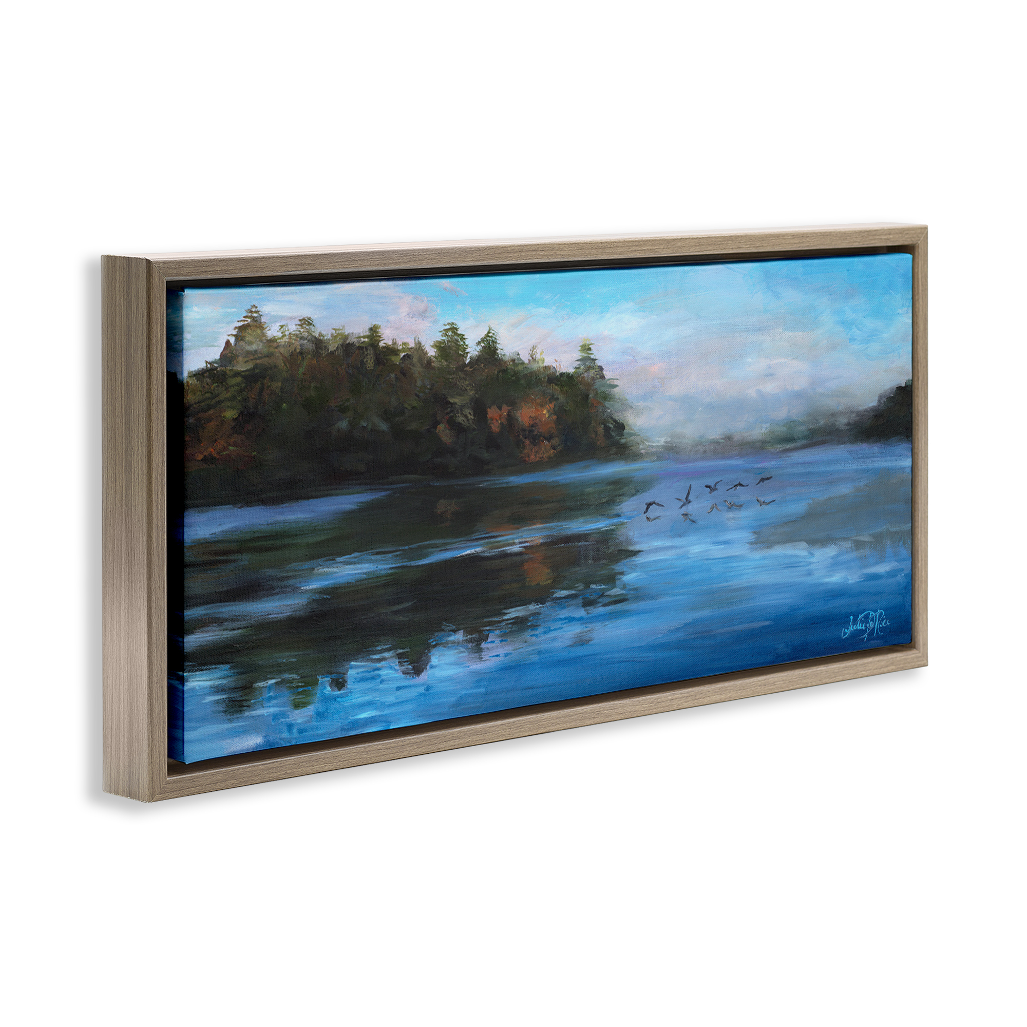 Stupell Industries Birds Along River Landscape Painting Brown Floater Framed Art Print Wall Art, 31 x 14