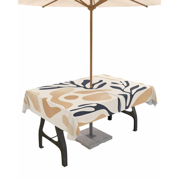 Hokiten Outdoor Tablecloths with Umbrella Hole & Zipper, Navy Blue Beige Abstract 54x80 Inch Tablecloth Rectangle, Modern Vintage Geometric Waterproof Table Cloth, Patio/Pool/Picnic Table Covers