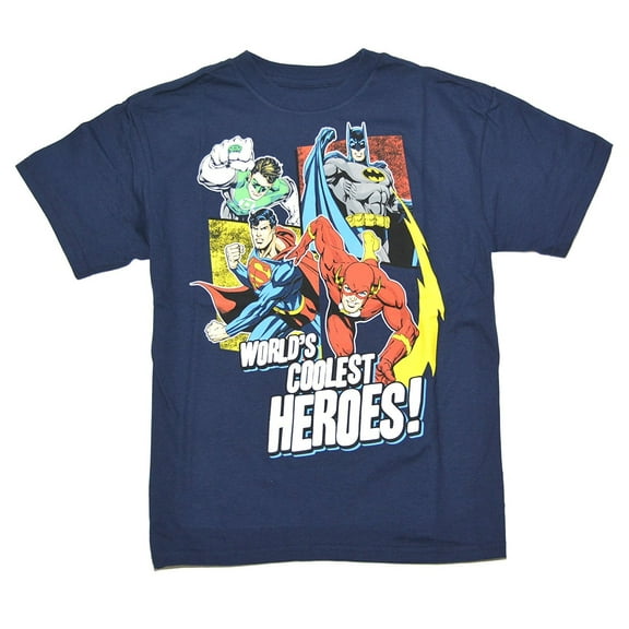 Justice League Boys' "World's Coolest Heroes!" T-shirt Medium, Navy