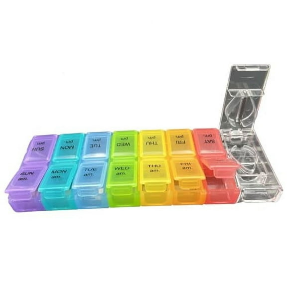 Pill Organizer 7 Day, Pill Box 2 Times a Day AM PM Pill Case, Detachable Weekly Travel Pill Container and Supplements with Pill Cutter (Rainbow)