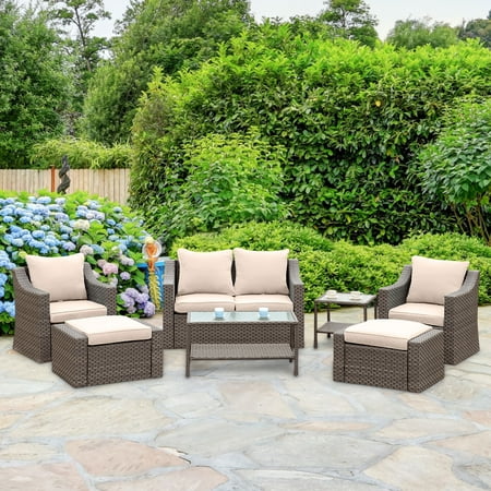 Sunvivi Patio Conversation Set 7 Pcs Wicker Chair Outdoor Sectional Sofa Set with Table Brown
