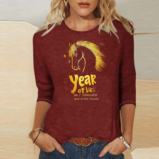 TaTaai Womens 2026 New Year Celebration Print Three Quarter Sleeve Top Round Neck Casual Blouse Holiday Festival Party Wear Gift