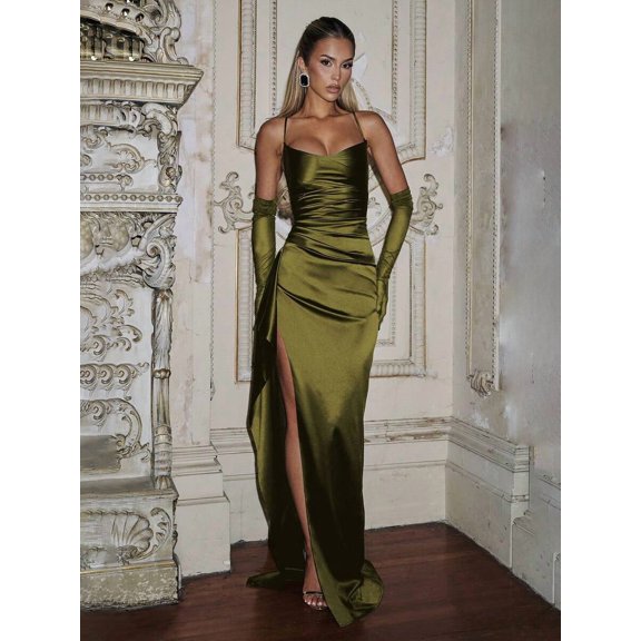 Womens Olive Green Satin Slip Dress, Elegant High Slit Gown, Formal