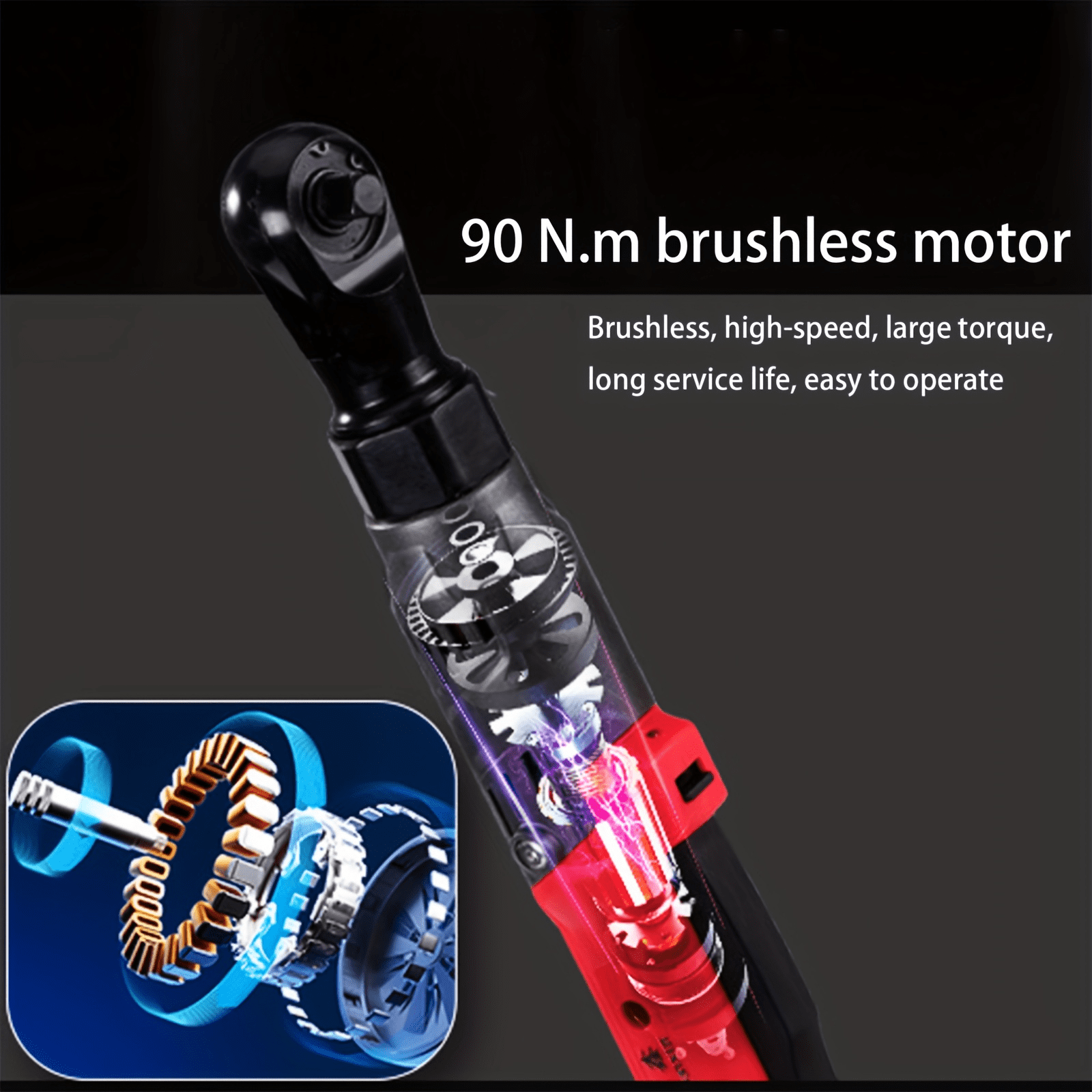 1/2" Electric Ratchet Wrench with Batteries,Brushless Motor, 90 N·m Torque, Plastic Box  & Charger, Car Repair Tool Kit, Home DIY Tool
