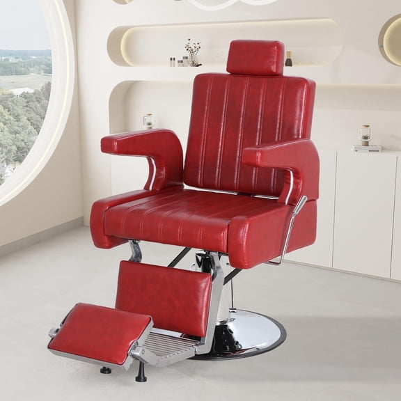 Barber Chairs for Barbershop, Hydraulic Barber Chair 360° Swivel Reclining, Adjustable PU Leather Beauty Styling Salon Chair for Barbershop Spa Red/Silver