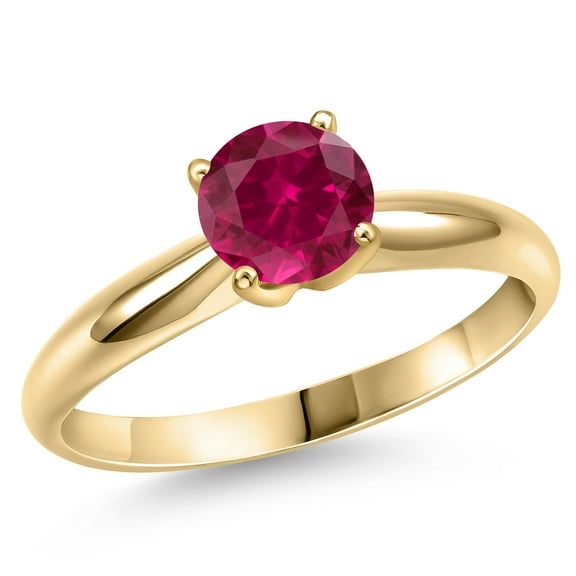 Gem Stone King 14K Yellow Gold Red Created Ruby Engagement Ring for Women | 1.55 Cttw | Round 7MM | Gemstone July Birthstone | Size 6