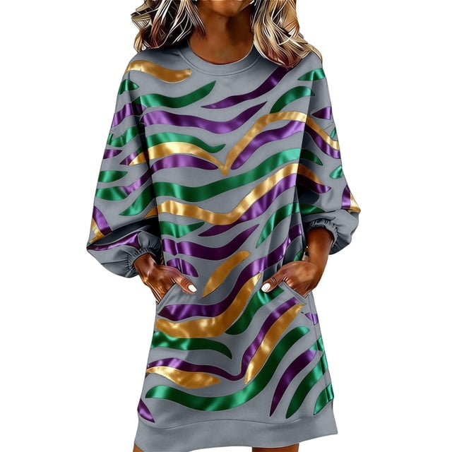 RXMEKW Robe de Carnaval pour Femmes à Manches Longues et Col Rond, Robe Maxi Imprimée pour Fête et Performance de Danse