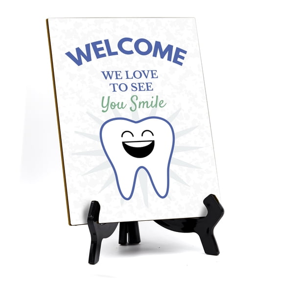 Signs ByLITA Welcome We Love To See You Smile Dental Office Decor, Table Sign with Acrylic Stand (6x8“)