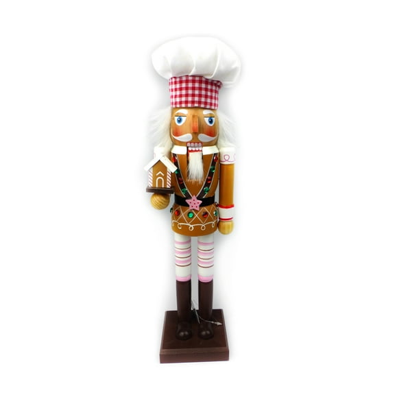 15" Nutcracker Christmas Decoration - Traditional Wooden Gingerbread Chef with Gingerbread House Style. For Friends, Family, and Coworkers.
