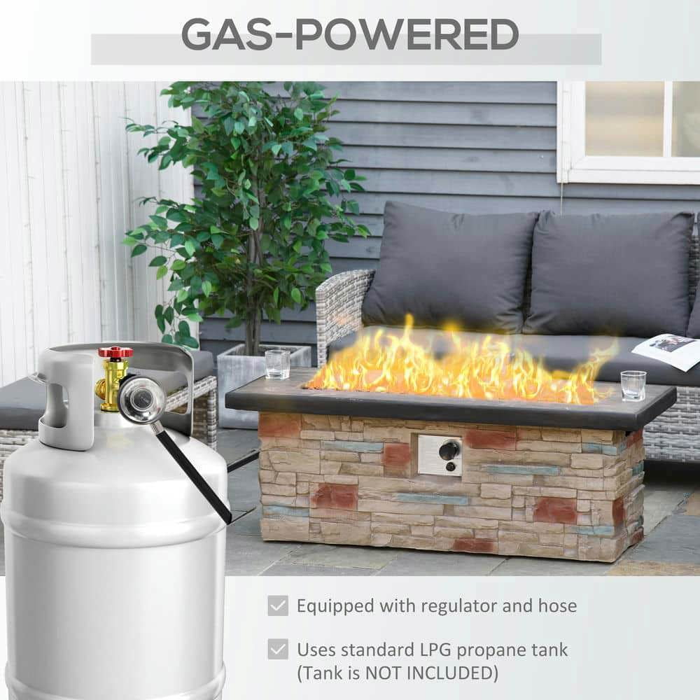 Spaco 48 Inch Propane Gas Fire Pit Table, 50,000 BTU Auto-Ignition Rectangular Firepit with Lava Rocks and Rain Cover, Faux Ledge Stone Gas Firepit for Outdoor as Patio, Picnic, Backyard, Brown