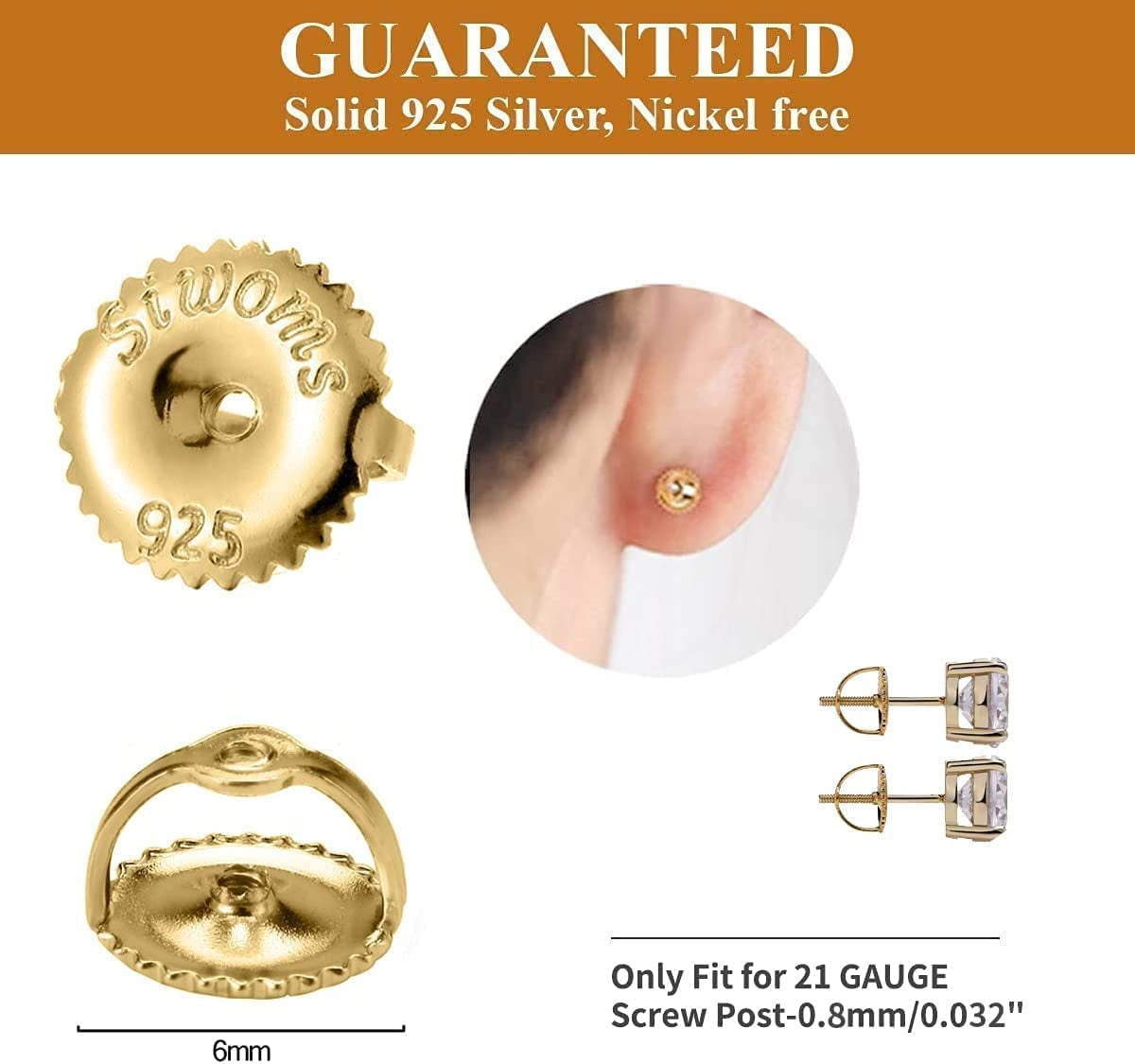 Earrings backs replacements 14K Gold Threaded Posts 0.034-Screw