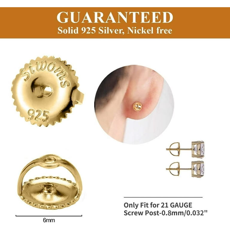 2-Pairs 14K Gold Locking Earring-Back Replacements for Studs,  Hypoallergenic 925 Silver Secure Backings (No Fading, Comfort)