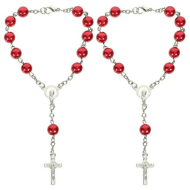 Car Rosary for Rearview Mirror Cross Pendant Auto Decors Hanging Accessories Women Men 2pcs Red Catholic Rosary Beads Metal