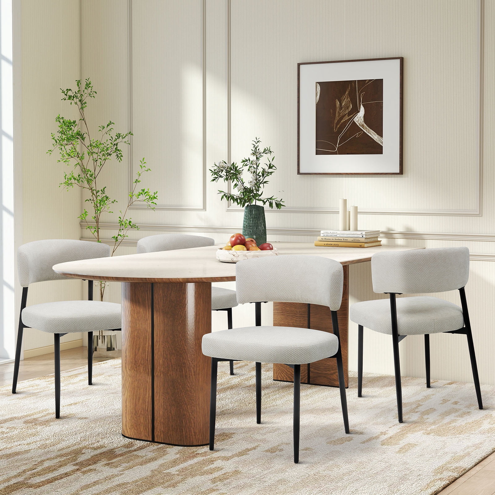 EDX Dining Chairs Set of 4, Mid Century Modern Chair Round Upholstered Curved Backrest, Kitchen Vanity Living Room Chairs with Black Metal Legs, Beige