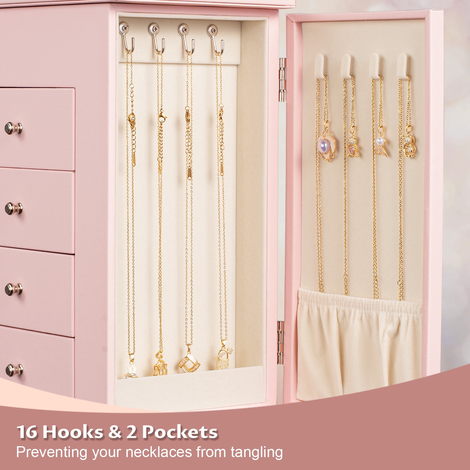 Leather Jewelry Box for Women, 5 Layer Large  Jewelry Organizers Box for Necklaces Earrings Rings Bracelets, Organizer with Drawers and Mirror, Pink