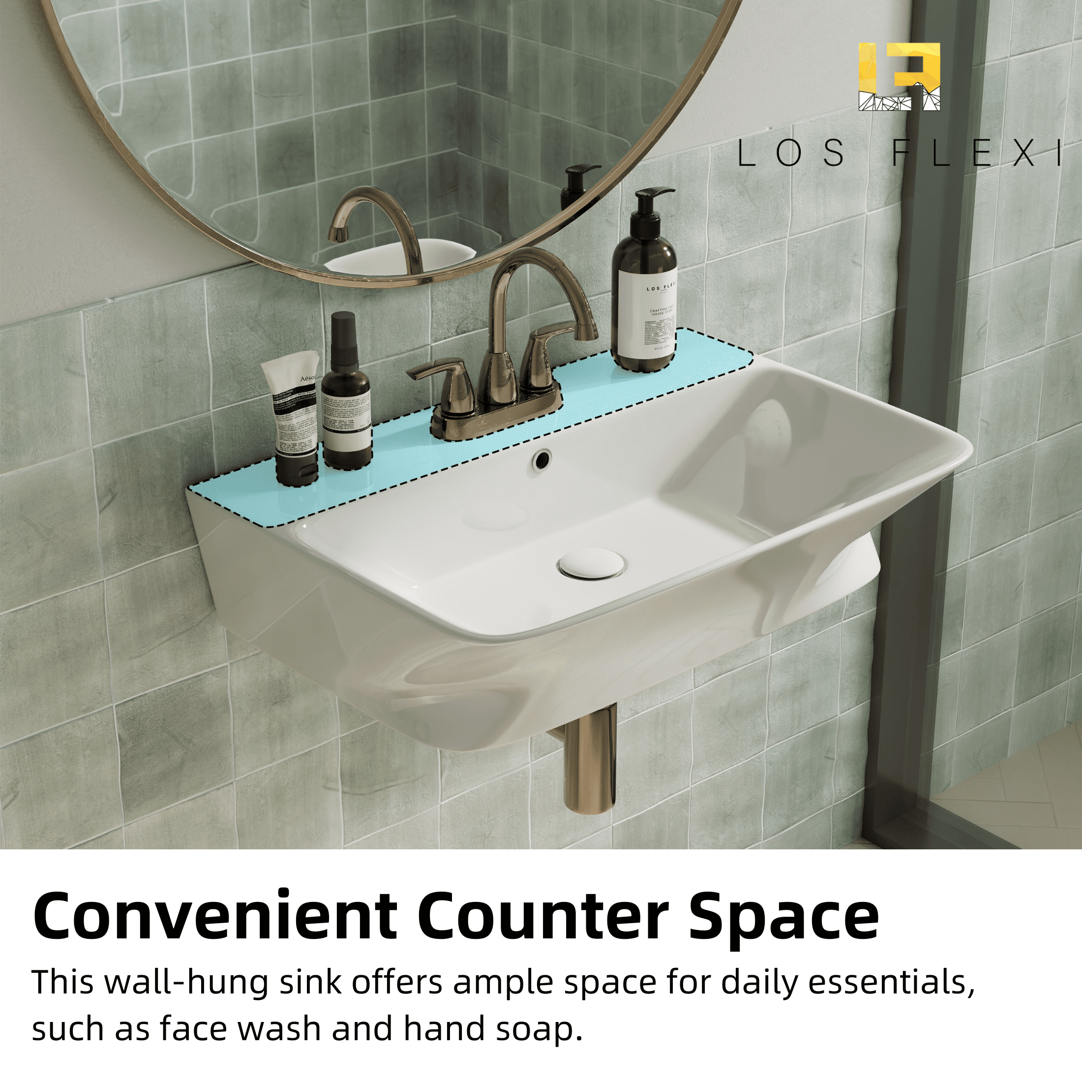 Los Flexi 24" x 17" White Ceramic Wall-Mount Bathroom Sink with Rear Overflow, 3 Pre-Drilled Holes, Widespread Faucet Compatible for Small Spaces