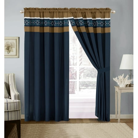 White And Navy Striped Curtains 4-Pc Jaden Medallion Clover Star Embroidery Striped Curtain Set Navy Blue White Taupe Sheer Liner Drape ()