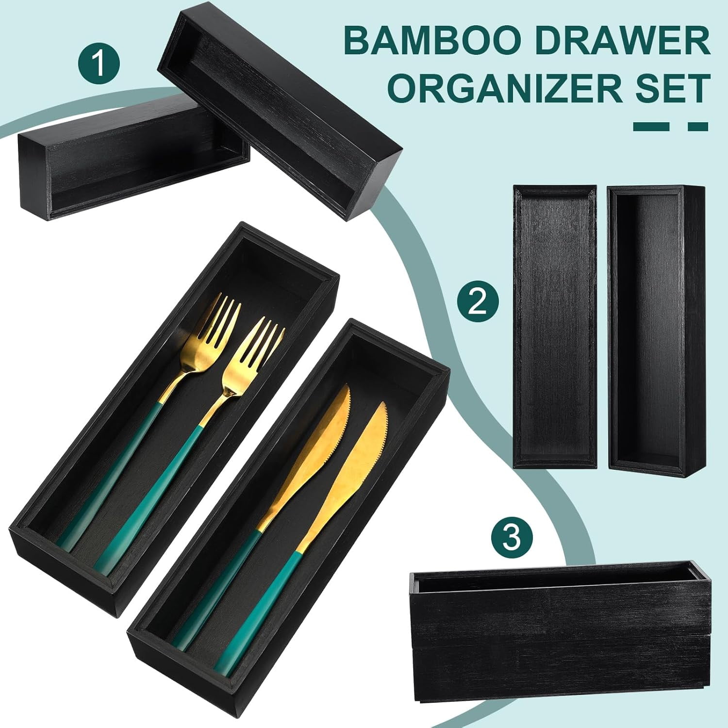 6 Pcs 10 x 3 x 2'' Bamboo Drawer Organizer Black Stackable Utensil Silverware Holder Wooden Tray Drawer Dividers Boxes Spoon Storage Organizer for Kitchen Office Bathroom Cabinet Jewelry