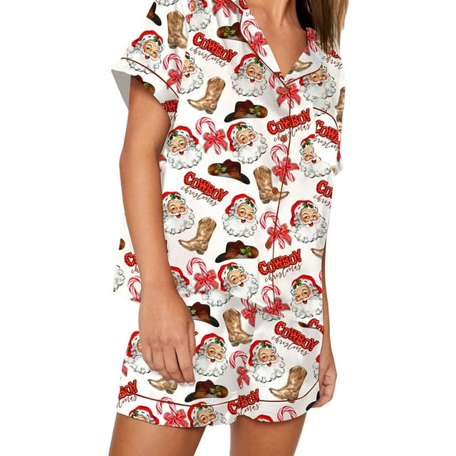 Gupgi Women Christmas Pajama Set Santa Print Short Sleeve Button Shirt and Shorts 2 Piece Lounge Sleepwear