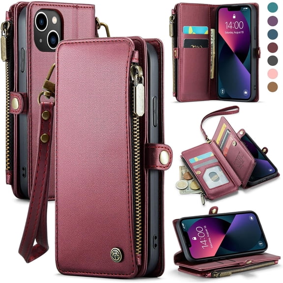 for iPhone 13 Mini Case, RFID Blocking for iPhone 13 Mini Wallet Case for Women Men with Card Holder, Zipper Strap Magnetic Flip PU Leather Cover for iPhone 13 Mini Phone Case, Wine Red