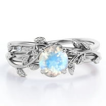 JeenMata 0.50 Carat Round Faceted Blue Moonstone Wedding Set - Intricate Vintage Moonstone Ring - 18k White Gold over Silver