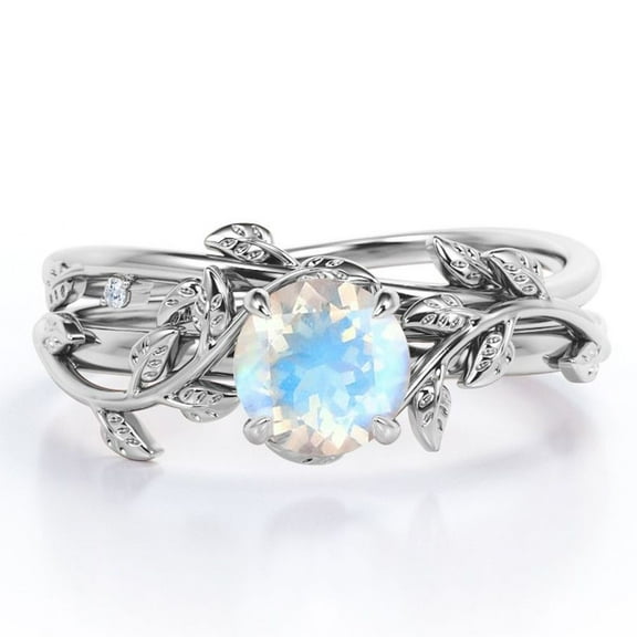 JeenMata 0.50 Carat Round Faceted Blue Moonstone Wedding Set - Intricate Vintage Moonstone Ring - 18k White Gold over Silver