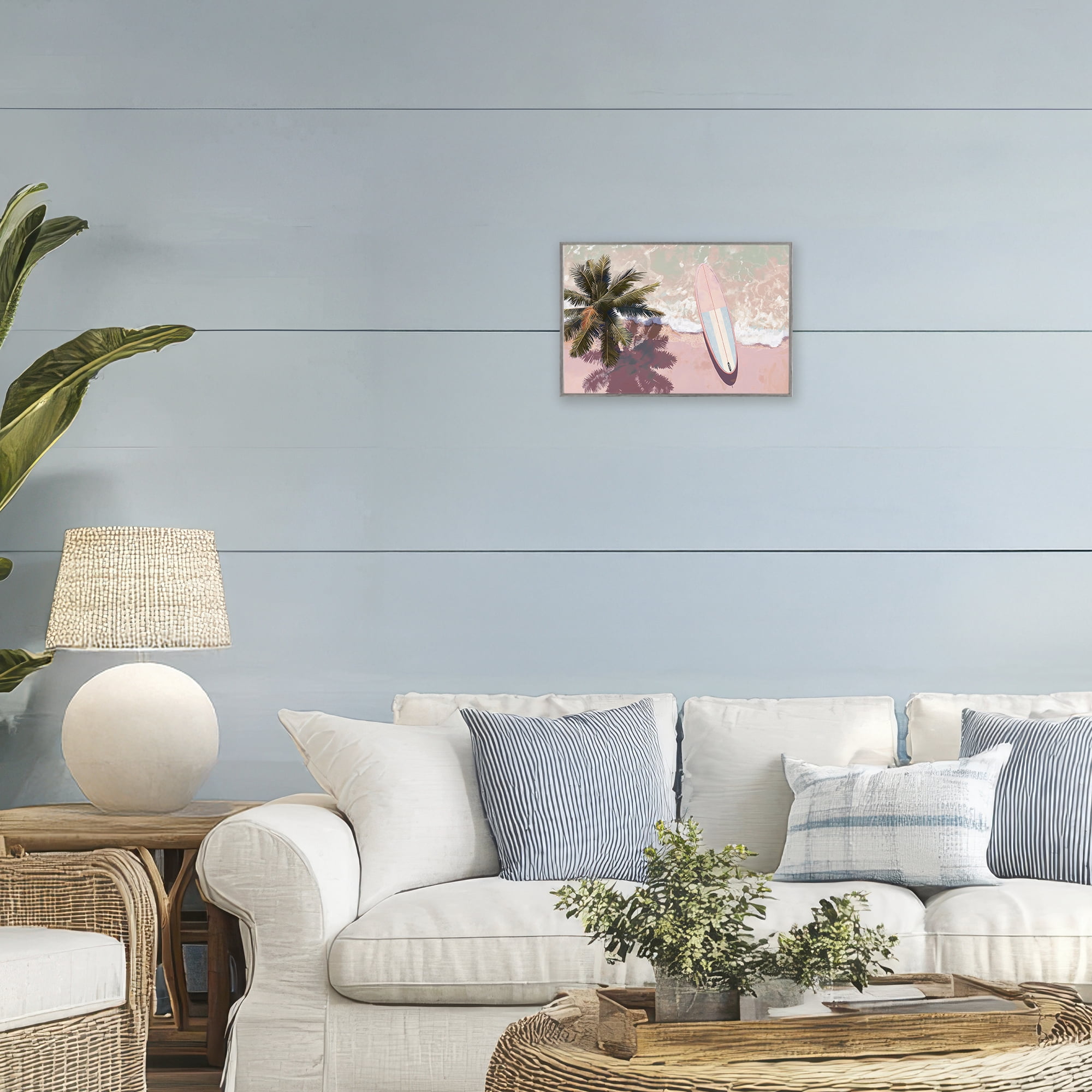Stupell Industries Blush Pink Surfboard & Palm Gray Framed Giclee Art, design by Jacky Ngan