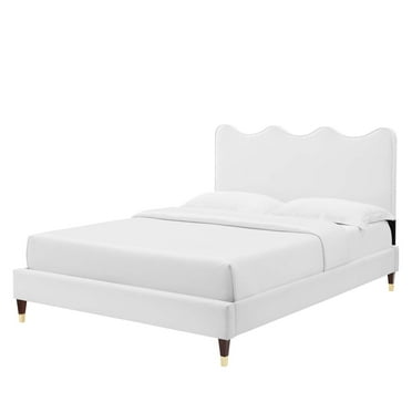 Platform Bed Frame, Full Size, White, Velvet, Modern Contemporary, Bedroom Master Guest Suite Room