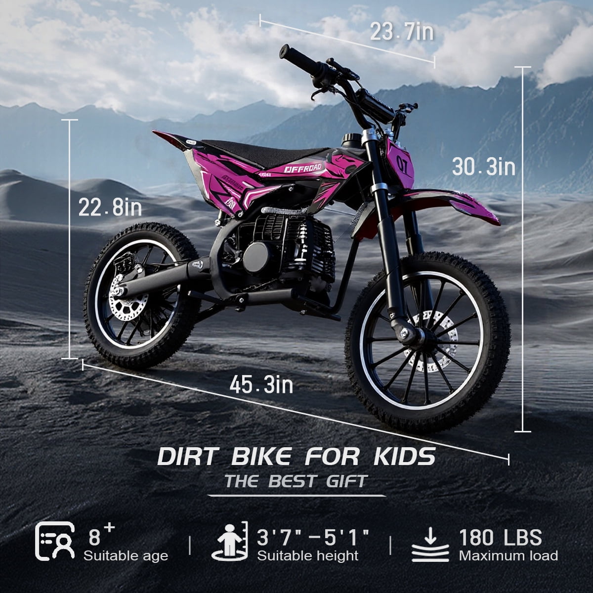 TOXOZERS 50CC Dirt Bike,Upgraded 2-Stroke Gas Powered Mini Bike for Kids 8+,Max Speed 25Mph,Support Up to 180lbs,Pull Start，Pink