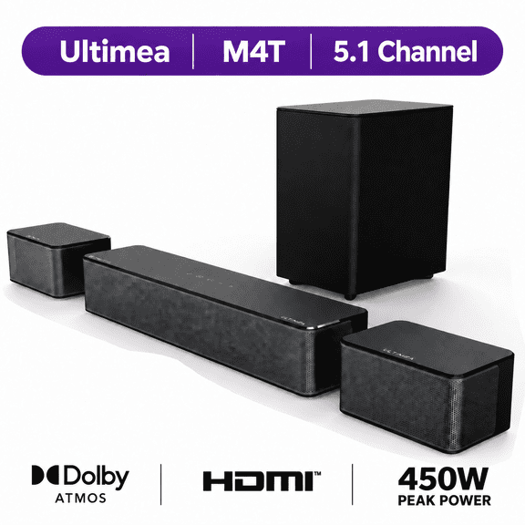 ULTIMEA Poseidon M4T 5.1 Dolby Atmos Sound Bar, 410W Peak Power Surround Sound Bar, Bluetooth