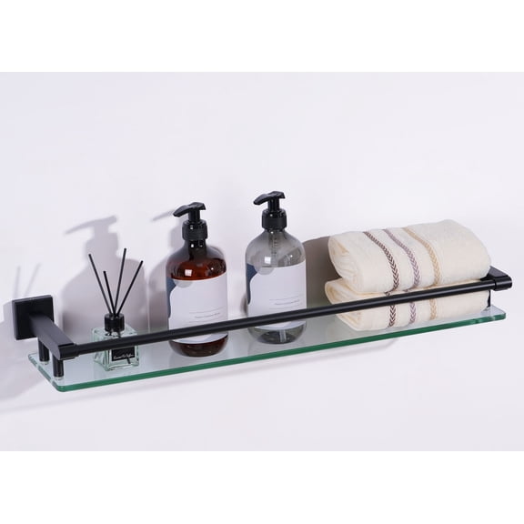 Glass Shelf for Bathroom Wall Sheves 24 inch Rectangular Stainless Steel Tempered Glass Modern Stainless Steel Wall Mount Accessories Organizers Storage (Matte Black)