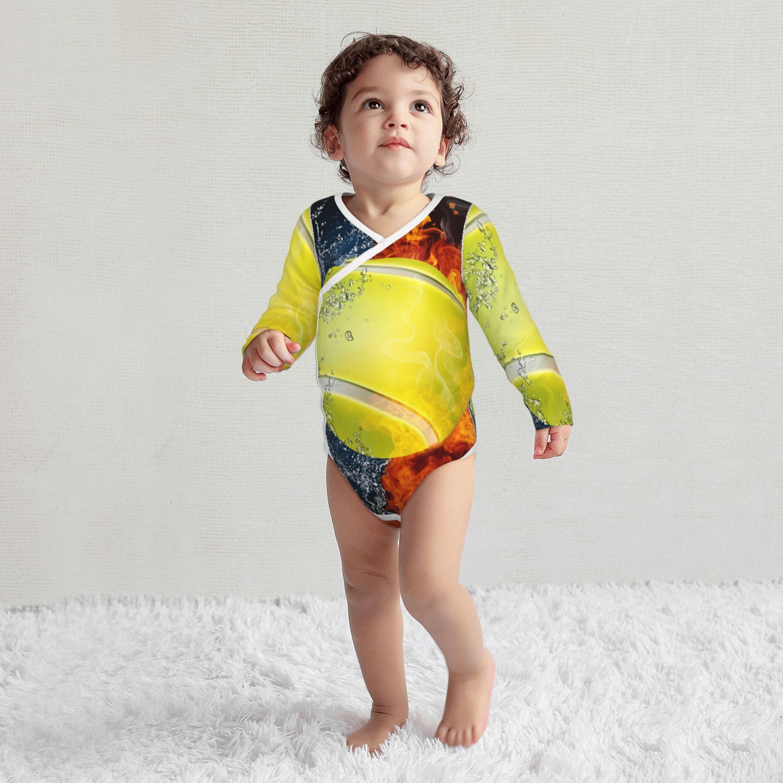 Xecao Tennis Ball In Fire And Water Print Baby unisex-baby Cotton Long-sleeve Bodysuits-12 Months