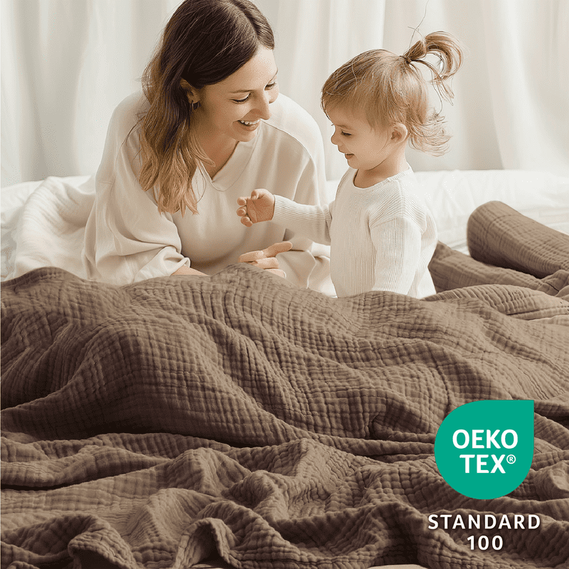 100% Cotton Muslin Blanket King 108" x 90", 6 Layers Lightweight and Breathable Throw Blankets for Bed, Soft Cooling Gauze Blanket for Adults All Season, Tan