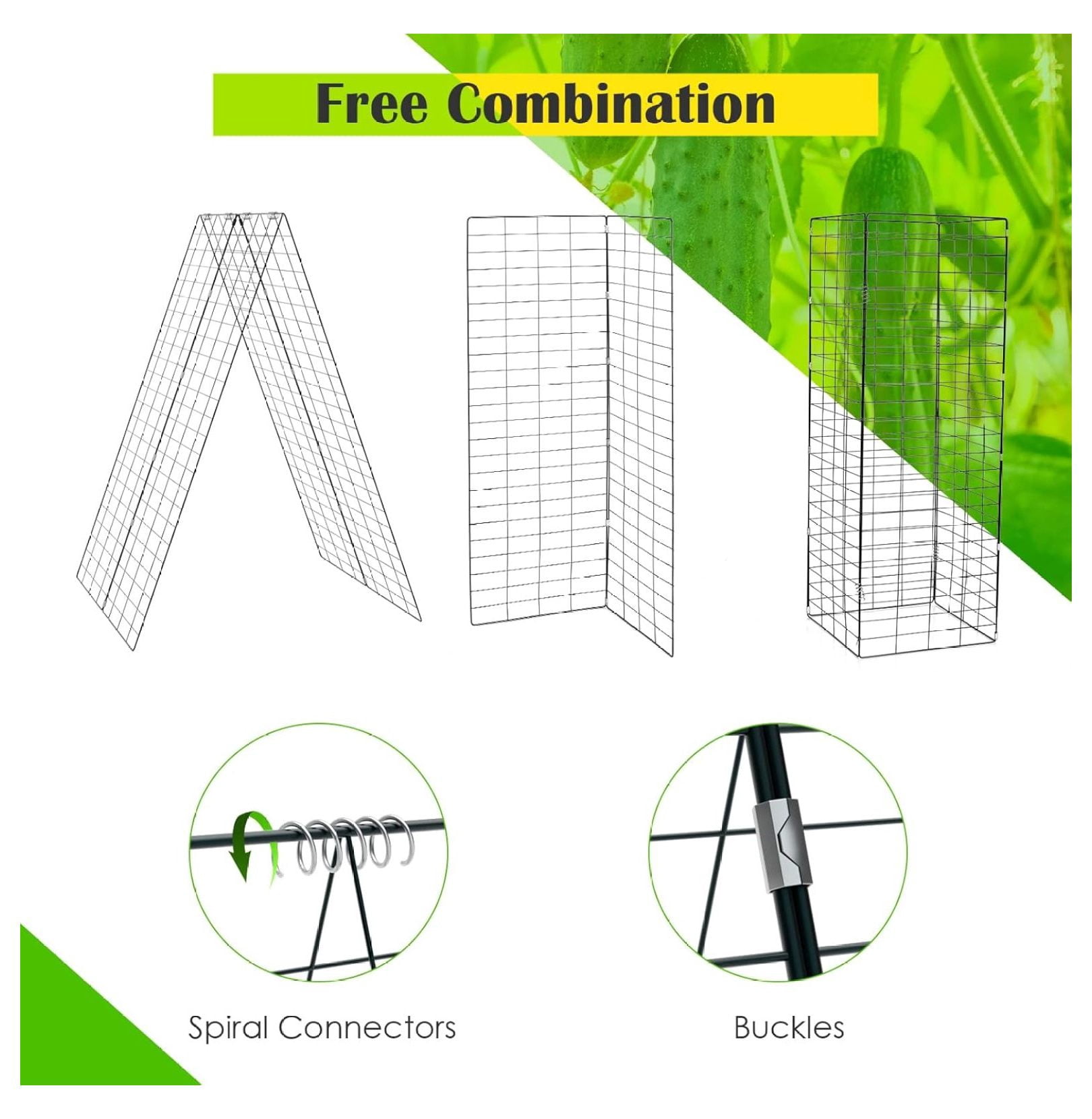 2-Pack Garden Cucumber Trellis, 46 x 34 inch Plant Support with Tie, Spiral Connectors, Cable Ties, Ground Stakes and Clips, Outdoor Garden Trellis for Climbing Plants
