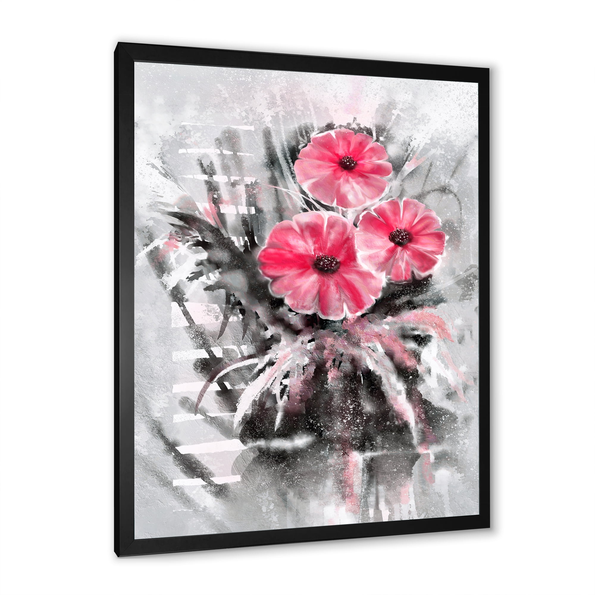 Designart 'Abstract Red Flowers On Gray Background' Traditional Framed Art Print
