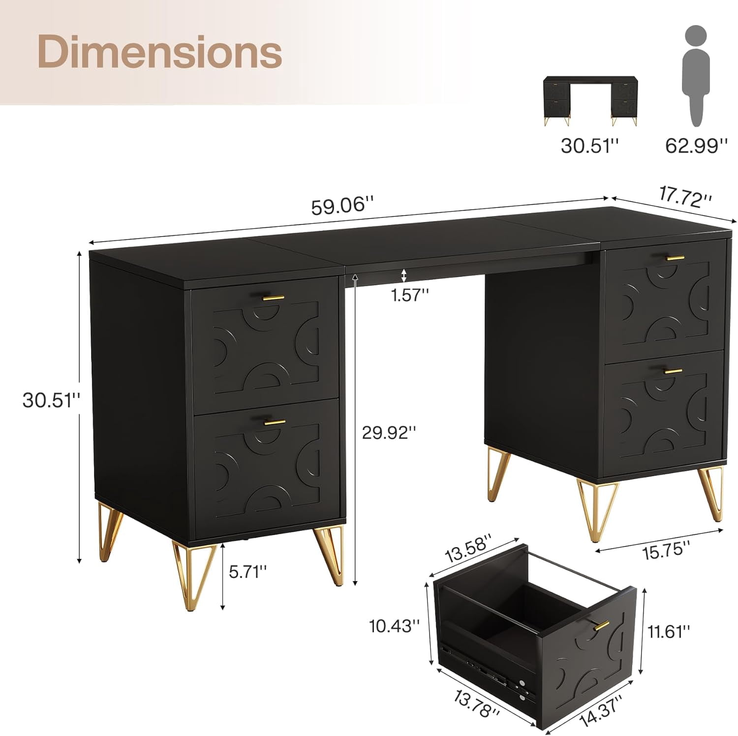 Tribesigns 59-Inch Black Executive Computer Desk with 4 File Drawers Storage, Modern Writing Table