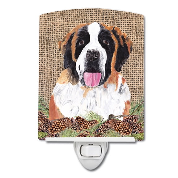 Carolines Treasures SC9041CNL Saint Bernard Faux Burlap & Pine Cones Ceramic Night Light