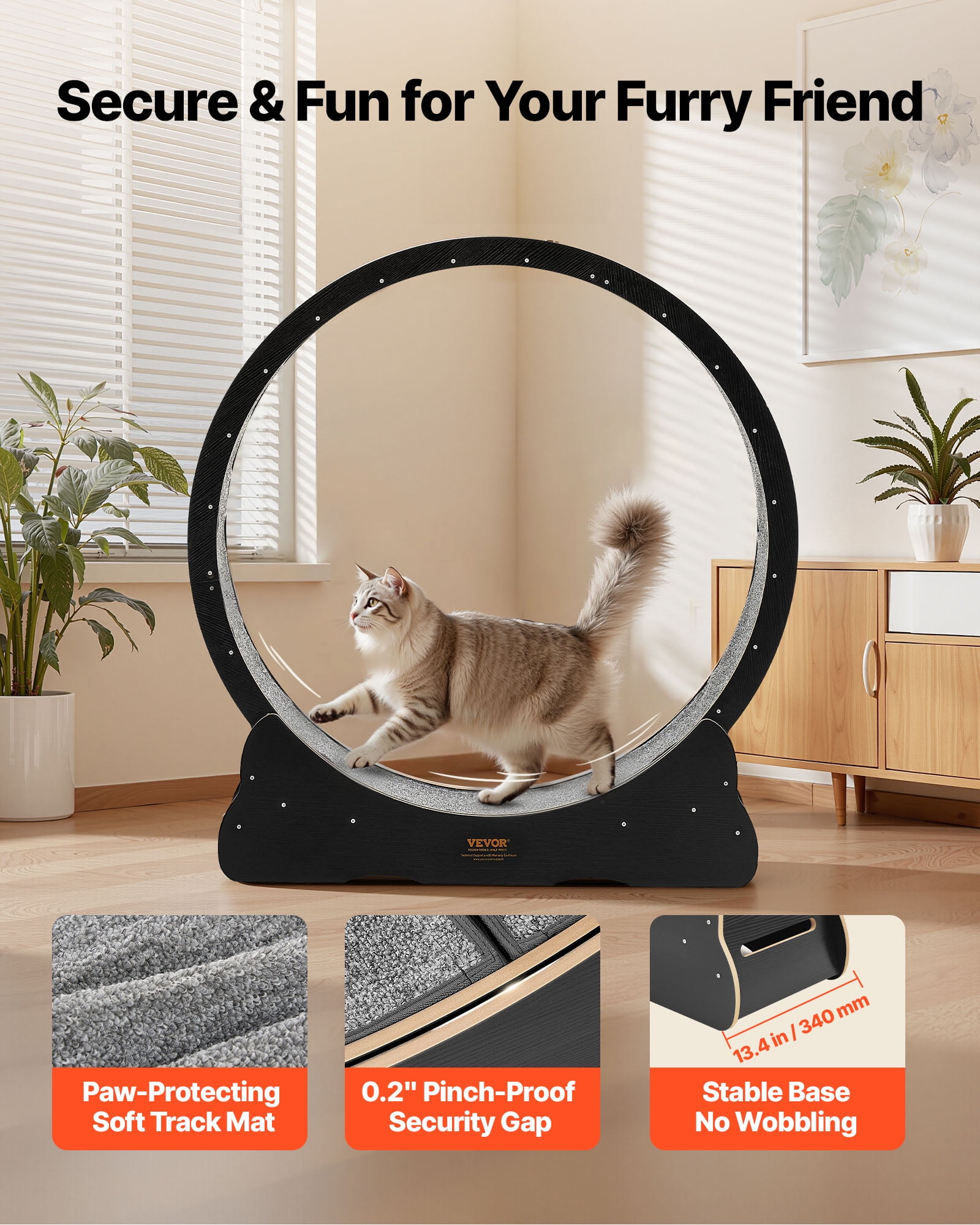VEVOR Cat Exercise Wheel, 48 in Wooden Cat Running Wheel for Indoor Cats up to 28 lbs, Cats Treadmill with Carpeted Runway & Locking Mechanism, Quiet Kitten Sport Toys for Pets Fitness & Health