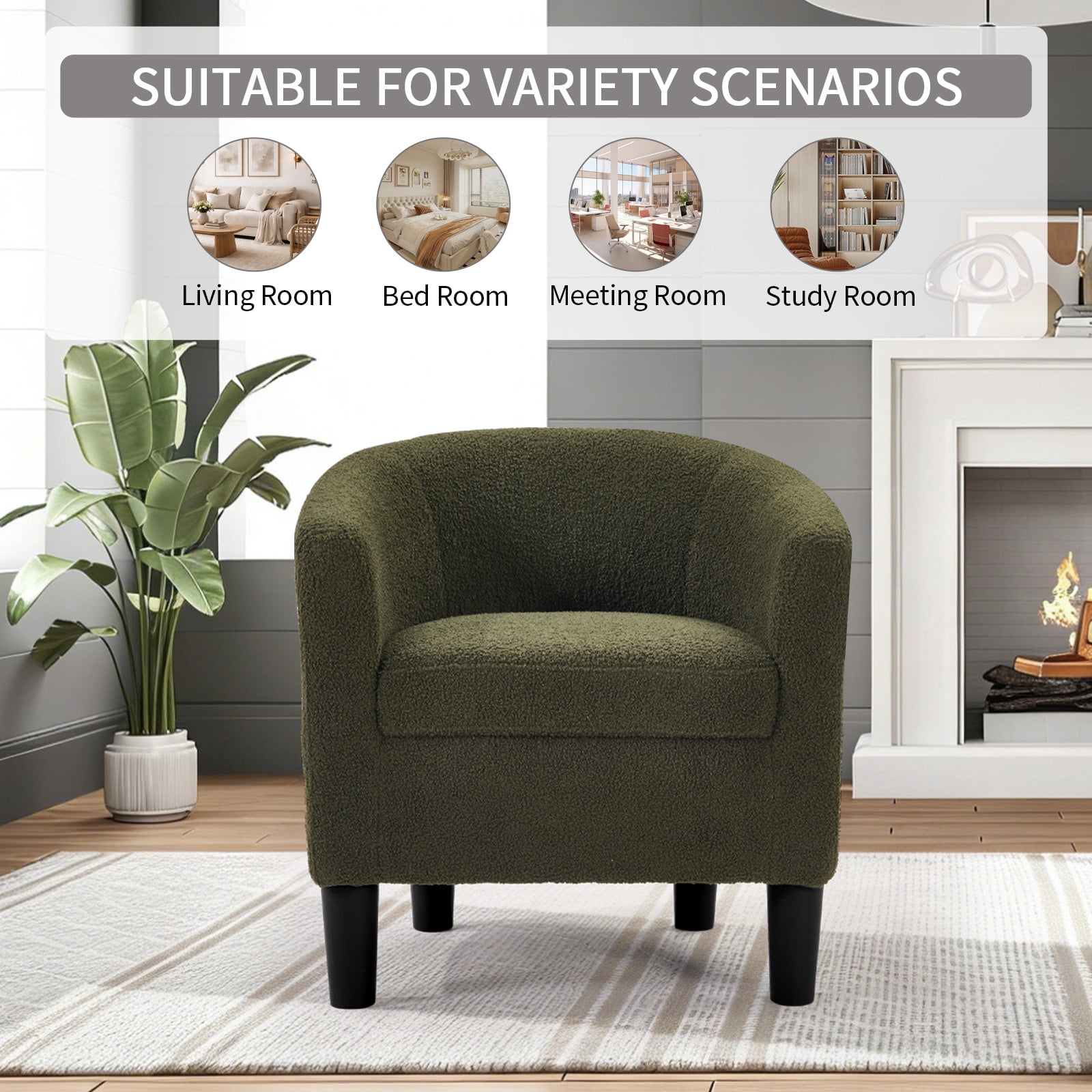 Bonzy Home Accent Barrel Chair, Teddy Fleece Upholstered Club Chair with Armrest Small Reading Chair, for Living Room, Bedroom & Reception Room, Green