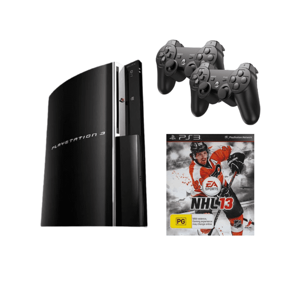 Restored Sony PlayStation 3 PS3 Fat 80GB Console Bundle with 2 RetroFam Controllers & NHL 13 Game (Refurbished)