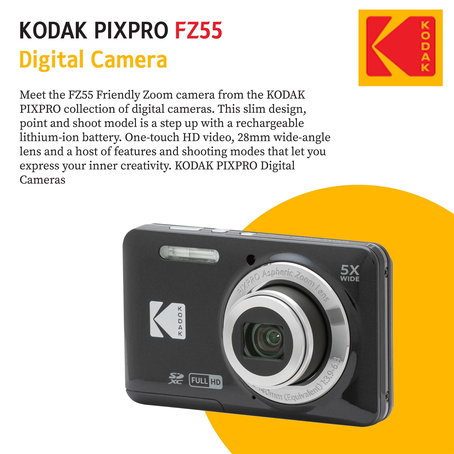KODAK PIXPRO FZ55 (Black) 16MP Digital Point & Shoot Camera, 5X Optical Zoom, 28mm Wide Angle, 1080P Full HD Video, Bundle with 32GB SD Card, Protective Case, and Hi-Speed Card Reader