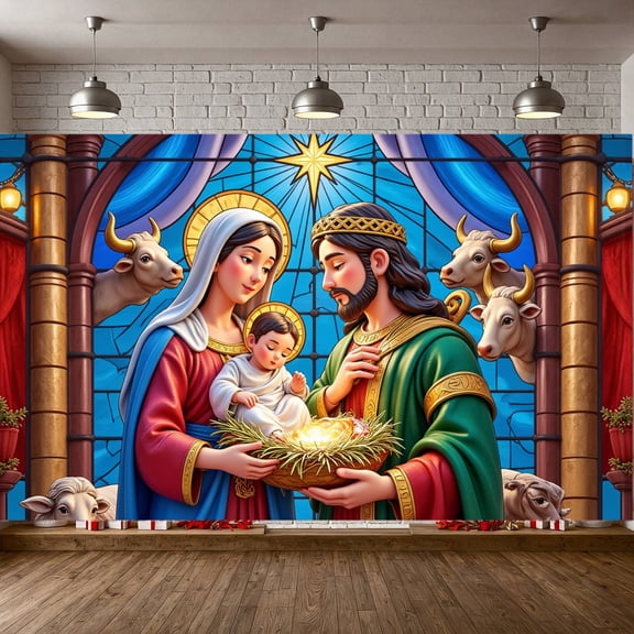 Holy Family Nativity Scene Banner Decorative Religious Christmas Backdrop for Indoor Celebration Holiday Decoration Festive Display