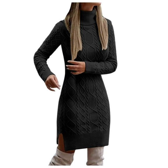 Women's Solid Slim Fit Long Sleeve Sweater Dress - Knitted Lapel, Slit Hem - Polyester Spandex for Fall/Winter