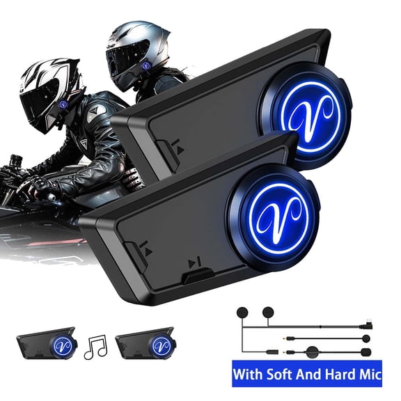 Motorcycle Bluetooth Headset, 2 Riders Helmet Bluetooth Intercom,with Music Sharing, Hard & Soft Mic, 2 Pack