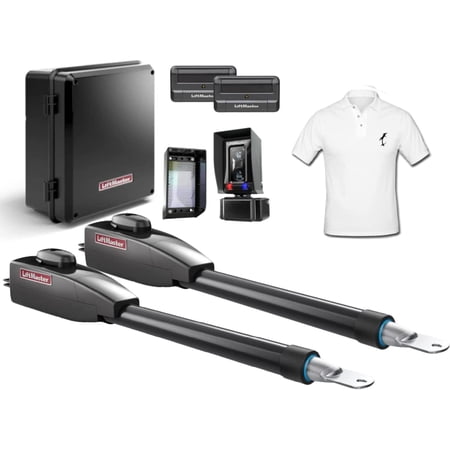 Liftmaster LA400PKGUL Dual Swing Gate Opener Kit, with (2) 811LM Remotes, Battery Backup, Receiver & Photocell, Gate Sensor, and SMFE Installer Shirt